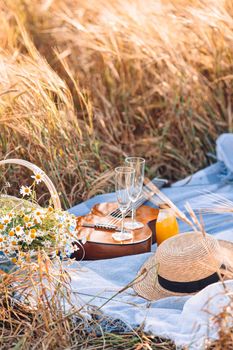 Closeup of picnic on nature in wheat field.