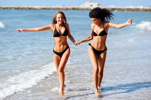 Two young women with beautiful bodies in swimwear on a tropical beach