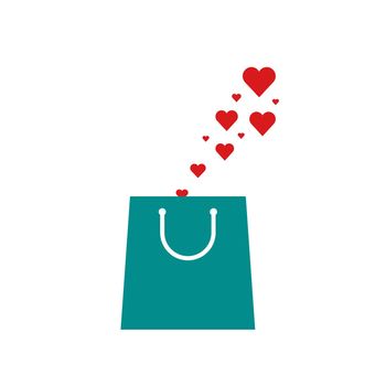 Valentine's day of Sale banner, hearts flying out of shopping bag, love store concept. Love gift. Stock vector illustration isolated on white background.