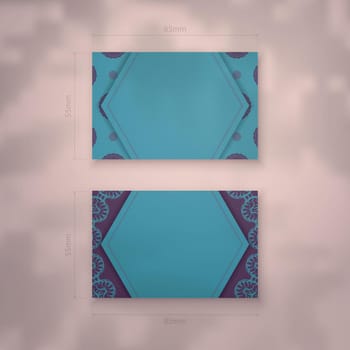Business card template in turquoise color with a purple mandala pattern for your business.
