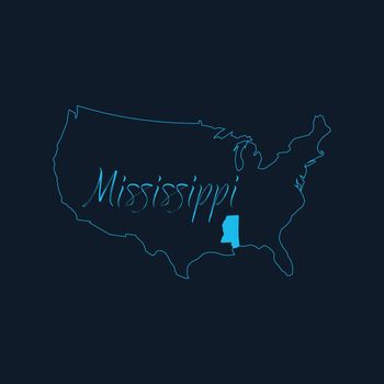 Mississippi state highlighted on United States of America map , USA infographics template. Stock vector illustration isolated on blue background.
