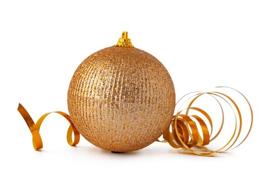 Gold sparkling Christmas bauble isolated on white background