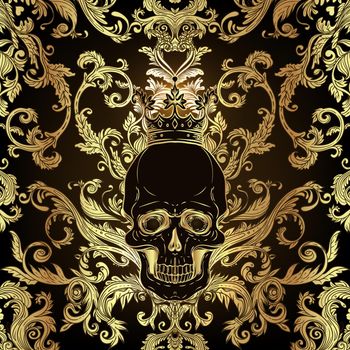 Baroque seamless ornament. Damask style pattern with skull. Vintage ornate vector design for wallpaper, wrapper
