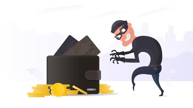 A thief stealing a credit card in wallet. A criminal steals a man wallet. The concept of fraud, fraud and fraud with money. Vector.