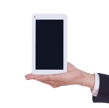 business hand holding a small tablet touch computer