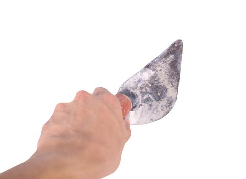 Old trowel in hand isolated on white