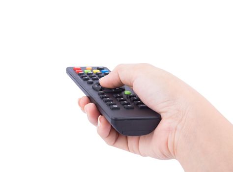 hand with tv remote control isolated on white 