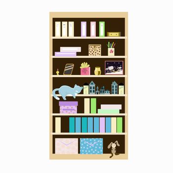 Bookcase with books and other small items and boxes