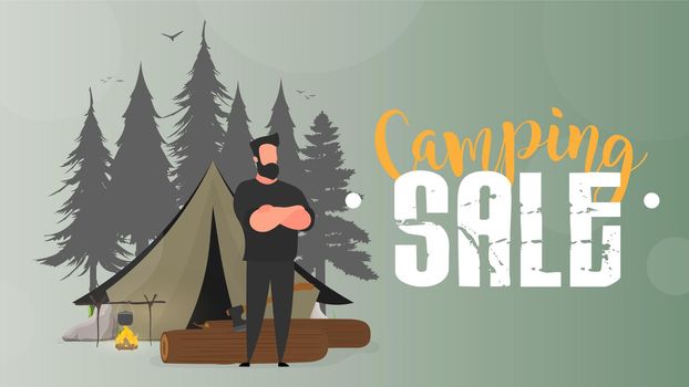Camping sale banner. Night in the forest. Strong lumberjack. The guy folded his arms over his chest. Large logs and an ax.