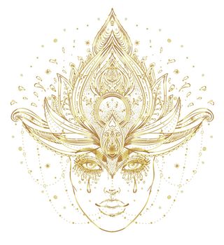 Tribal Fusion Boho Diva in gold. Beautiful Asian divine girl, ornate crown, kokoshnik inspired. Bohemian goddess. Hand drawn elegant illustration. Lotus flower, ethnic art