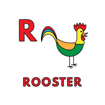 Alphabet with cute cartoon animals isolated on white background. Flashcard for children education. Vector illustration of rooster and letter R