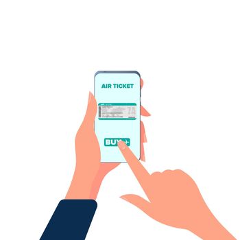 A girl buys a ticket through the phone. Online ticket purchase. Hands with a phone close-up. Isolated. Vector.
