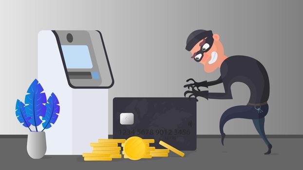 The robber steals a bank card. The thief is trying to steal a bank card. ATM, gold coins. Fraud concept. Vector.