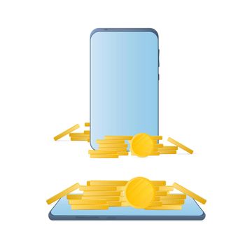 Smartphone with gold coins. Phone, a mountain of coins. The concept of cashback and mobile banking. Isolated. Vector.
