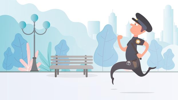 A policeman runs through the park. Safety and security concept. Cartoon style. Vector.