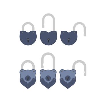 Old padlock in flat style. Antique padlock is isolated on a white background. Vector.