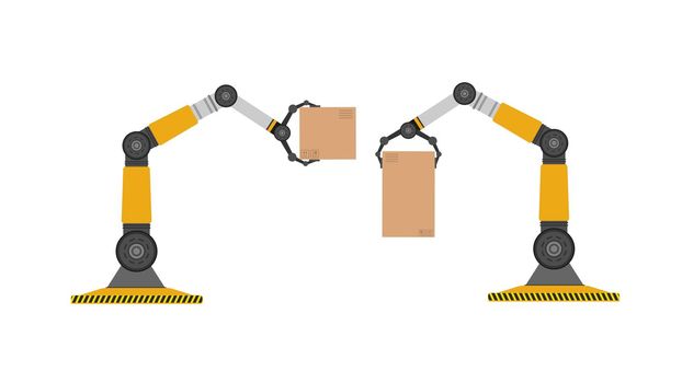 A mechanical robot holds a box. Industrial robotic arm lifts a load. Modern industrial technology. Appliances for manufacturing enterprises. Isolated. Vector.