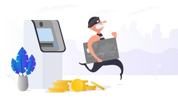 Burglar escapes with a credit card. The criminal is running with a bank card. Robbery ATM. Cartoon style illustration. Fraud concept. Vector.