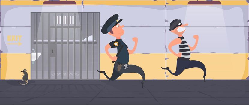 A prisoner escapes from prison. Escape the criminal. Policeman runs after the criminal. Cartoon style. Vector.