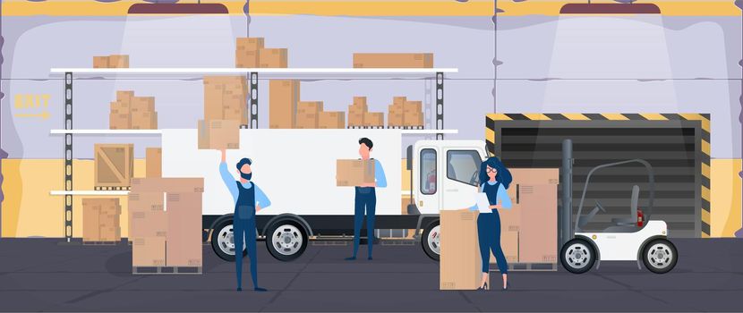 Large warehouse with drawers. Movers carry boxes. The girl with the list checks availability. Big truck. Carton boxes. The concept of transportation, delivery and logistics of goods. Vector.