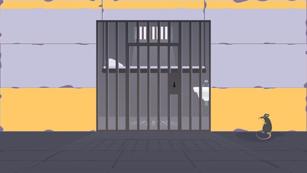 Prison cell. A prison cell with a metal grate. Prison in cartoon style. Vector.