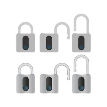 Set of padlocks with fingerprint scanner. A modern padlock is opened with a fingerprint. Isolated. Vector.