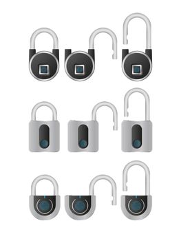 Set of padlocks with fingerprint scanner. A modern padlock is opened with a fingerprint. Isolated. Vector.
