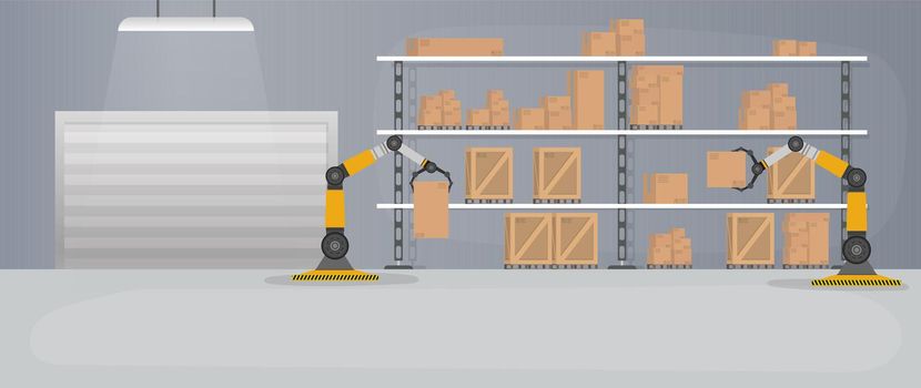 Production warehouse with boxes and pallets. Robotic arm works in a warehouse. Robot arm lifts boxes.