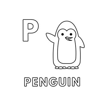 Alphabet with cute cartoon animals isolated on white background. Coloring pages for children education. Vector illustration of penguin and letter P