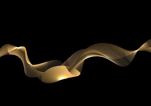 Abstract shiny golden wave or wavy lines with lighting on black background