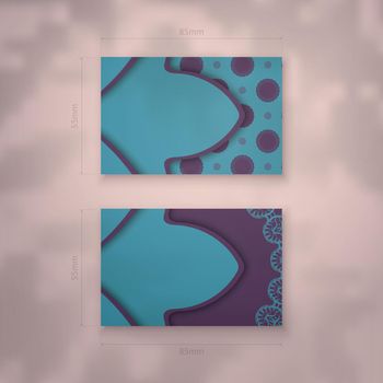 Business card template in turquoise color with luxurious purple ornaments for your brand.