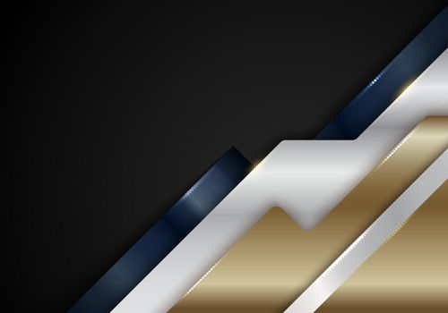 Abstract blue, gold, white metallic diagonal stripes geometric shapes with shiny golden lines on black background luxury style