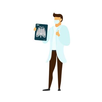 The doctor in the mask is isolated on a white background. Doctor holds a snapshot of the lungs. Vector illustration.