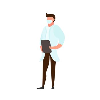 The doctor in the mask is isolated on a white background. Doctor holds a folder in his hands. Vector illustration