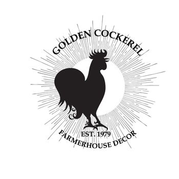 Farmhouse Decor Premade Logo Design. Golden Cockerel. Black and white colors. Isolated background. Hand-drawn Stamp silhouette. Farmhouse decor. Farmers market brand. Vector