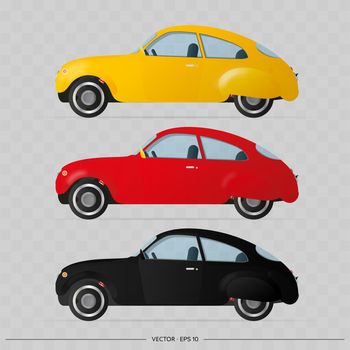 Vector set of cars in the old style. Realistic cars in different colors Stock illustration.