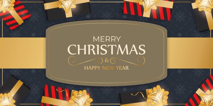 Merry Christmas and Happy New Year banner with dark blue flowers. Horizontal background with gifts. Vector.