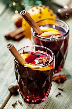 Mulled wine with spices and orange slices