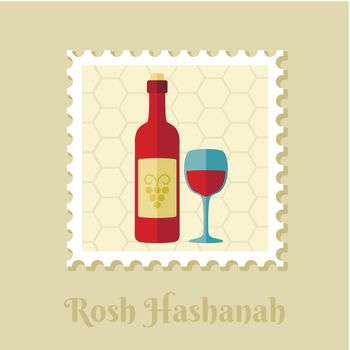 Bottle of wine and glass. Rosh Hashanah stamp