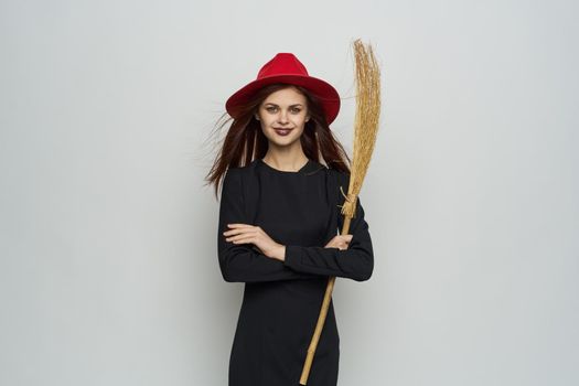 woman wearing metal witch costume red hat mystic holiday