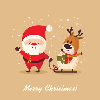 Santa Claus with deer and gifts in sleigh