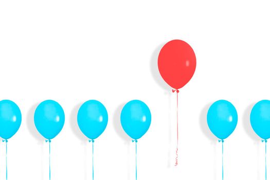 A row or line of blue balloons with one red in between. Pop art design, creative festive concept. Standing out from crowd, individuality and difference concept. Copy space