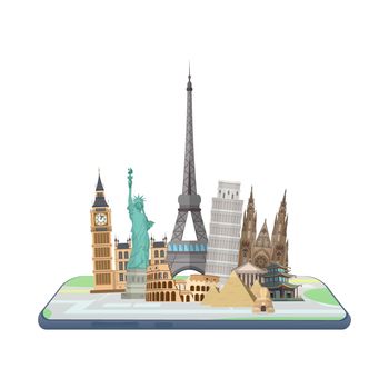 Map in the smartphone. World landmarks on the map. Vector.
