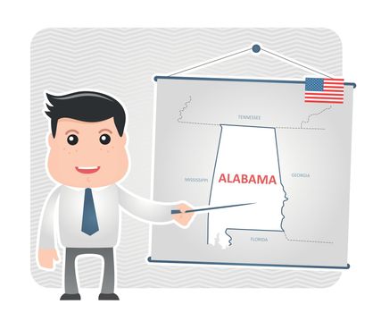 Man with a pointer points to a map of ALABAMA