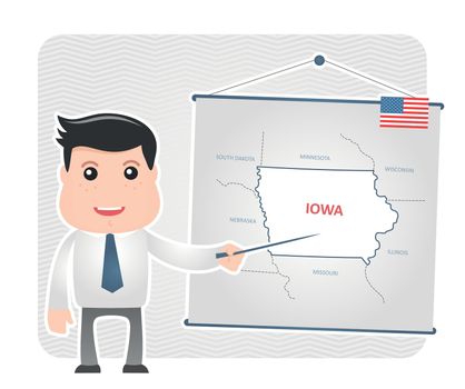 Man with a pointer points to a map of IOWA
