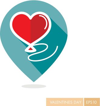 Balloon in the form of heart pin map icon. Valentines day symbol. Map pointer. Vector illustration, romance elements. Sticker, patch, badge, card for marriage, wedding