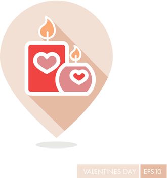 Burning candle with hearts pin map icon. Valentines day symbol. Map pointer. Vector illustration, romance elements. Sticker, patch, badge, card for marriage, wedding