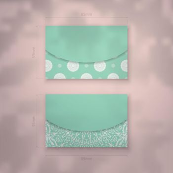Mint color business card template with abstract white ornament for your brand.