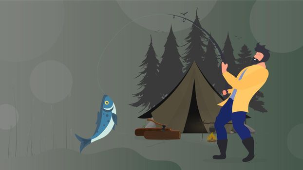 The fisherman caught the fish. Vacation concept with a tent and fishing. Tent, silo forests, bonfire, logs, a man with a wretch.