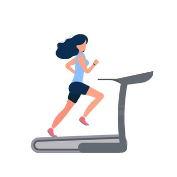 Girl on the treadmill. A woman in shorts and a T-shirt is running on a simulator. Isolated. Vector.